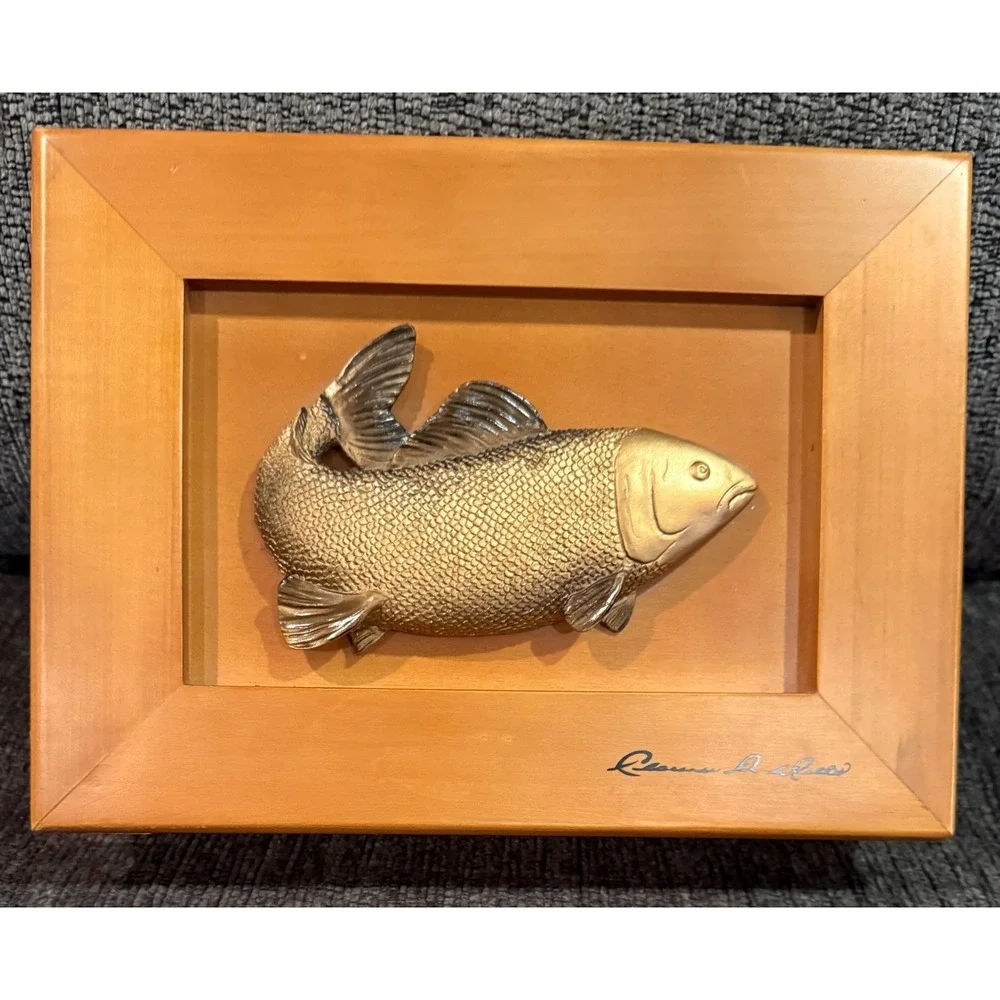 VTG Maple Wood Trinket Jewelry Box 3D Salmon Fishing Lid Clarence A Wells Signed